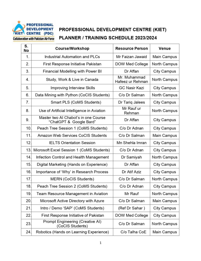 PDC PLANNER / TRAINING SCHEDULE 2023/2024