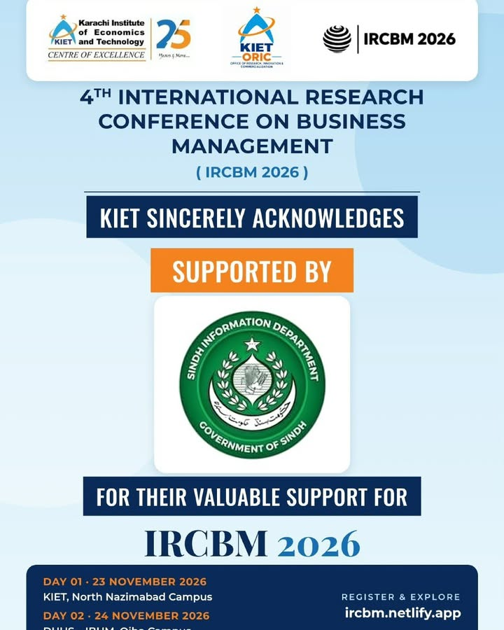 KIET proudly recognizes Government of Sindh a Valued Sponsor of IRCBM 2026, the 4th International Research Conference on Business Management.