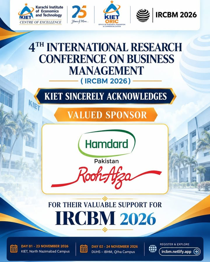 KIET proudly recognizes Hamdard Pakistan as a Valued Sponsor of IRCBM 2026, the 4th International Research Conference on Business Management.